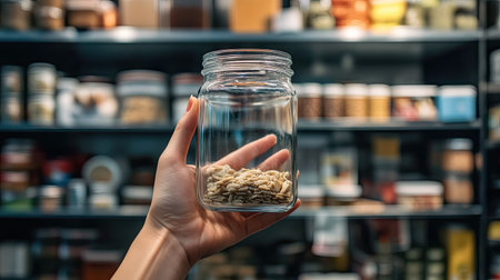A hand holding an empty glass jar against a blurred pantry backdrop with shelves full of dry food storage containersの素材