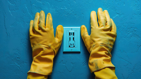 Hands installing a new electrical outlet in a residential wall with tools and safety glovesの素材