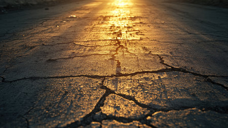 Sunset lighting over an old cracked asphalt road, casting long shadows on the textured surfaceの素材