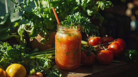Vibrant tomato juice in a mason jar with parsley and straw, set beside fresh vegetables and herbsの素材