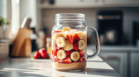 Blender jar filled with ice cubes, sliced strawberries, bananas, and almond butter on a white kitchen counterの素材