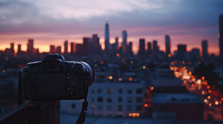 Memory card sticking out of a camera's card slot, background of urban skyline at duskの素材