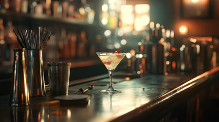 Artistic angle of a bar counter with a classic cocktail and scattered bar tools in soft focusの素材