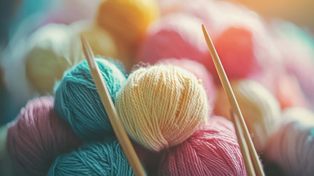 Aesthetic photo of knitting in progress with pastel yarn gently looped over bamboo needlesの素材