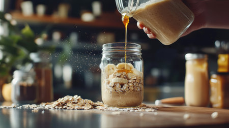 Fresh smoothie being poured from a blender into a mason jar, surrounded by ingredients like oats, banana, and honeyの素材