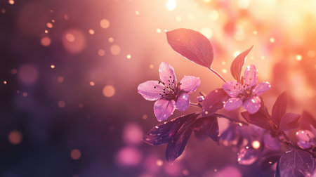 Artistic capture of pink blossoms of a purple leaf plum glowing against a sunlit bokeh backgroundの素材