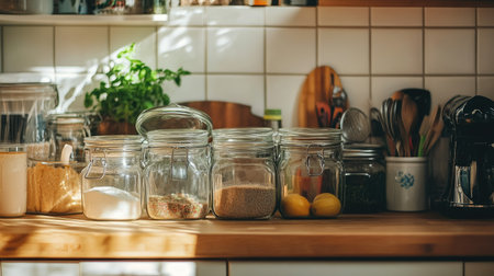 Glass jars with open lids and measuring cups on a kitchen counter, food storage prep in progress, ingredients out of frameの素材