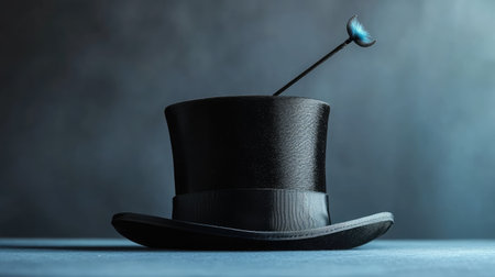 Black top hat tilted with a magic wand balanced on its brim against a studio backdropの素材