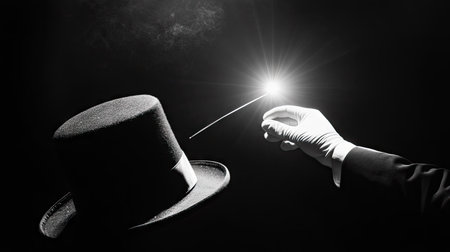 A magician's hat with a white-gloved hand pulling a wand from it, spotlight shiningの素材