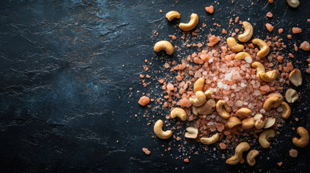 Cashew nuts mixed with coarse Himalayan salt on a dark textured backgroundの素材