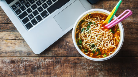 Overhead shot of an open foam noodle cup filled with savory broth and curly noodles, colorful plastic fork resting across the rim on a wooden desk beside a laptop - quick lunch setupの素材