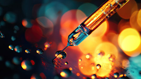 Artistic close-up of syringe needle reflecting light, evoking themes of science and precisionの素材