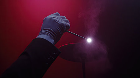 A magician's hat with a white-gloved hand pulling a wand from it, spotlight shiningの素材