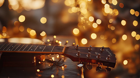 Artistic shot of acoustic guitar tuning keys with background bokeh, cozy ambient lightの素材