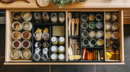 Overhead view of open kitchen drawer filled with empty glass storage jars and labels, organized for meal prep and pantry useの素材