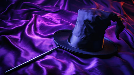 Classic magician's hat and wand on a purple velvet cloth with dramatic lightingの素材