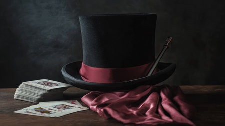 Black top hat and wand arranged with a silk scarf and deck of cards on a magician's tableの素材