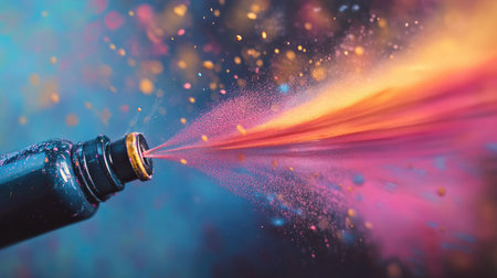 Abstract art scene with spray can mid-spray and trails of colorful powder in motion blurの素材