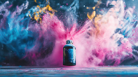Abstract art scene with spray can mid-spray and trails of colorful powder in motion blurの素材