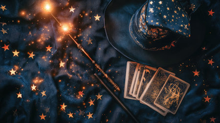 Artistic flat lay of magician props including hat, wand, cards, and glitter stars on dark fabricの素材
