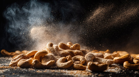 Artistic food photo of salted roasted cashew nuts against a dark background for contrastの素材