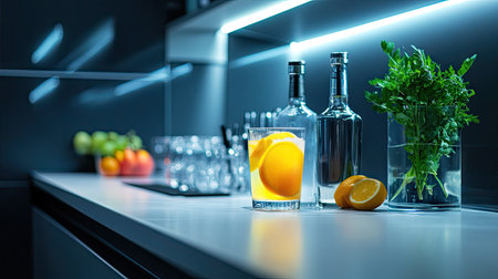 Clean and stylish deluxe bar in a city hotel, fully stocked with premium liquor and garnishes, ready for evening serviceの素材