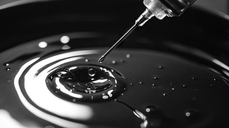 Close-up of a droplet forming at the tip of a syringe needle, highlighting medical precisionの素材