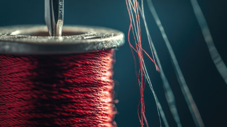 Artistic shot of silver sewing needle inserted into a spool of red thread with natural lightingの素材