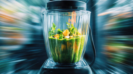 Smoothie in progress mid-action shot of a blender spinning fresh ingredients into a vibrant green smoothie, motion blur effectの素材