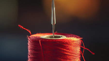 Artistic shot of silver sewing needle inserted into a spool of red thread with natural lightingの素材