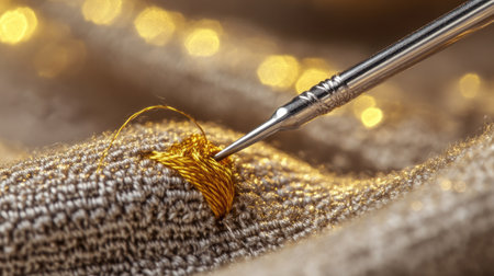 Artistic composition of a silver needle threaded with golden thread, elegantly curved on fabricの素材