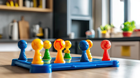 A colorful plastic table football toy set up on a kitchen counter during family timeの素材