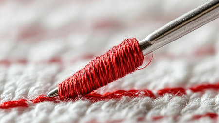 Close-up of a shiny silver sewing needle threaded with vibrant red thread on a white fabric backgroundの素材