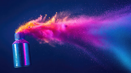 Close-up of colorful powder jetting from a spray can tip with intense lighting effectsの素材