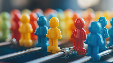 Close-up of colorful toy table football players lined up on metal rods, ready for playの素材