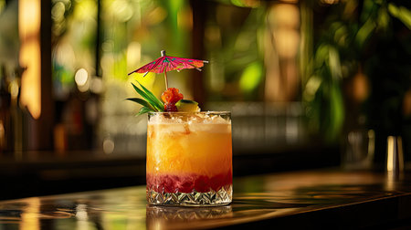 Cocktail glass with colorful layered drink and umbrella garnish on a tropical-themed bar counterの素材