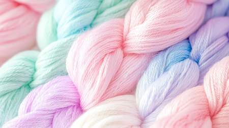 Close-up of pastel rainbow yarn skeins in shades of pink, mint, lavender, and baby blueの素材