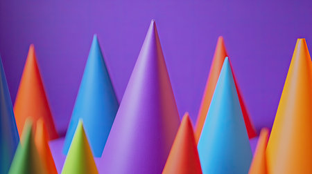 Close-up of different party hats in bold neon colors on a smooth purple backdropの素材