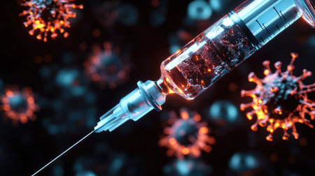 Conceptual photo of syringe needle for disease prevention and immunization awarenessの素材