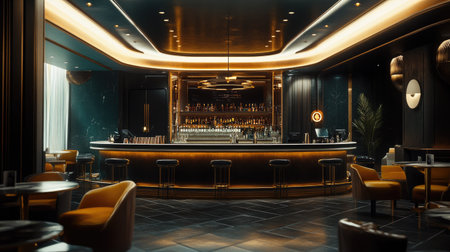 Cocktail bar with modern industrial decor, high-end finishes, and a sophisticated city vibe, shot with wide-angle lensの素材