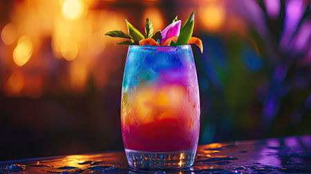 Colorful cocktail with garnishes placed at the center of a bar counter, with warm evening ambianceの素材