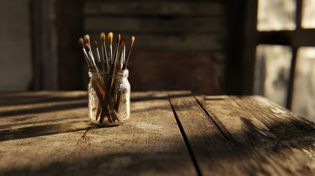 Collection of paint brushes in a glass jar set on a wooden background with a soft, natural lightの素材