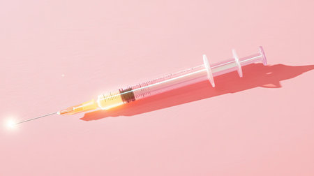 Conceptual image of a syringe needle and ampoules, representing modern medicine and immunizationの素材