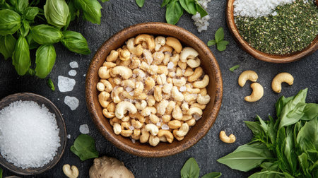 Flat lay of salted cashew nuts in a ceramic bowl, surrounded by herbs and sea saltの素材