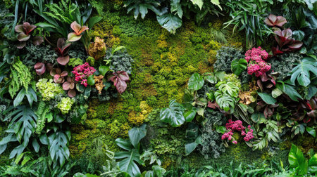 Creative green wall installation with live moss and floral arrangements in a contemporary outdoor spaceの素材