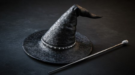 Elegant black magician's hat with a silver-tipped wand resting diagonally on a dark backgroundの素材