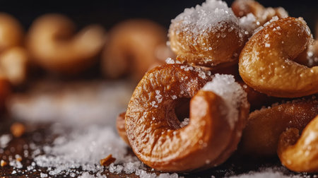Macro shot of crunchy roasted cashew nuts with visible salt crystals on their surfaceの素材