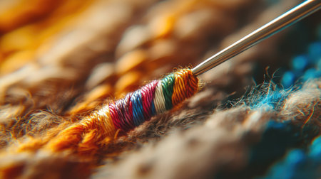 Detailed image of sewing needle threaded with multicolor thread against a soft wool backgroundの素材