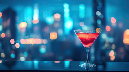 Glamorous city cocktail bar with a sparkling drink in the foreground and blurred skyline behindの素材