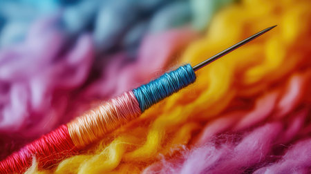 Detailed image of sewing needle threaded with multicolor thread against a soft wool backgroundの素材
